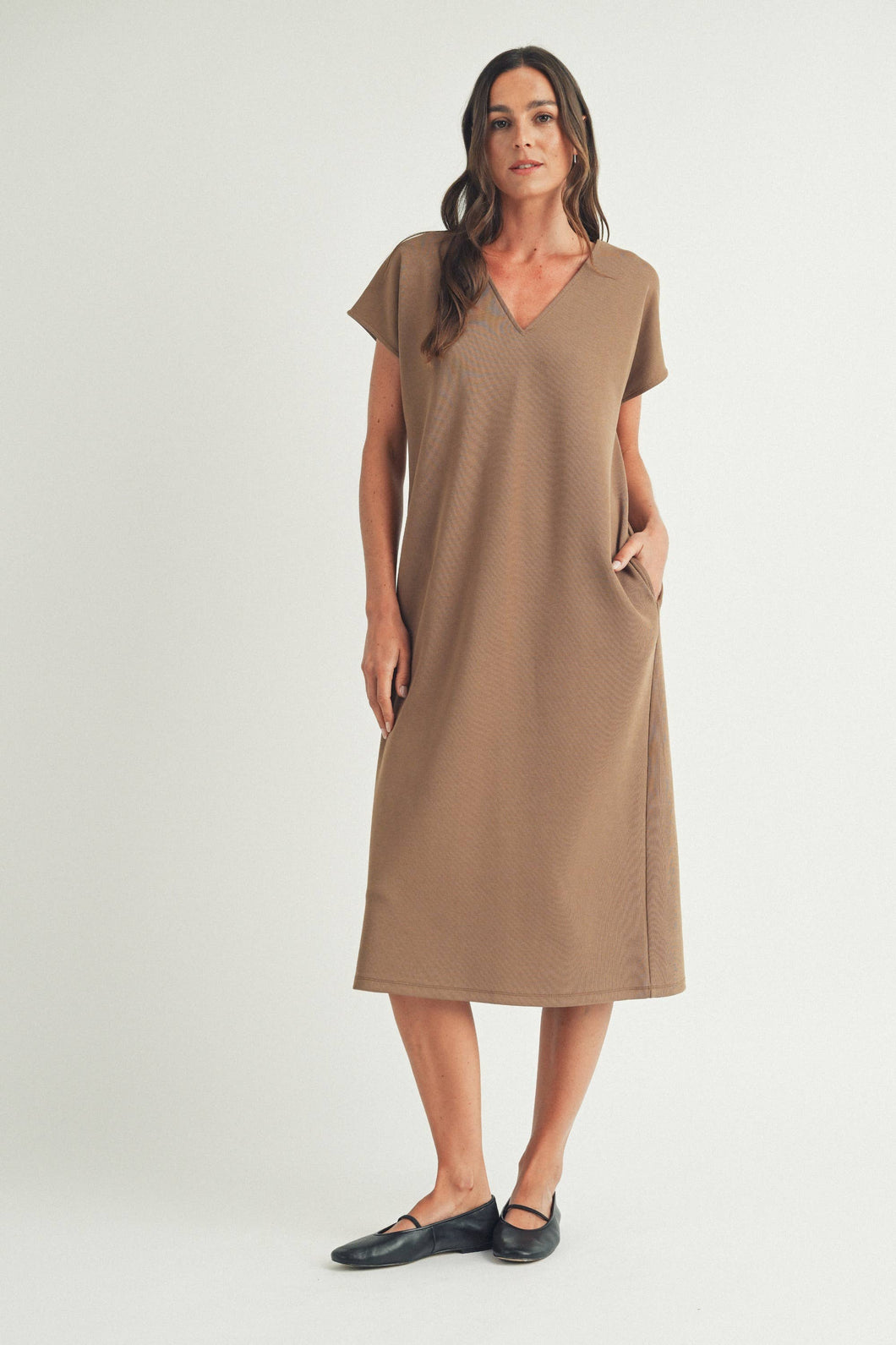 LOUNGE SHOULDER DRAPED MIDI DRESS