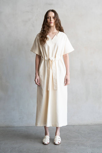 V-NECK DRAWSTRING WAIST DRESS