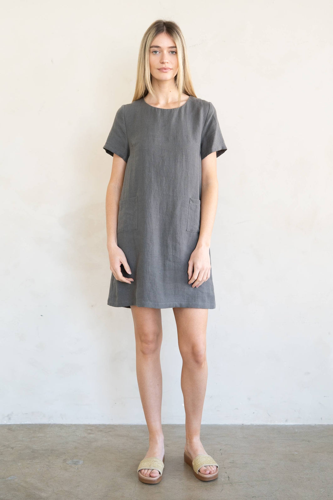 CREW NECK CASUAL MINI LINEN DRESS