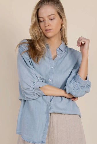 Tencel 3/4 Puff Sleeve Button Up Shirt
