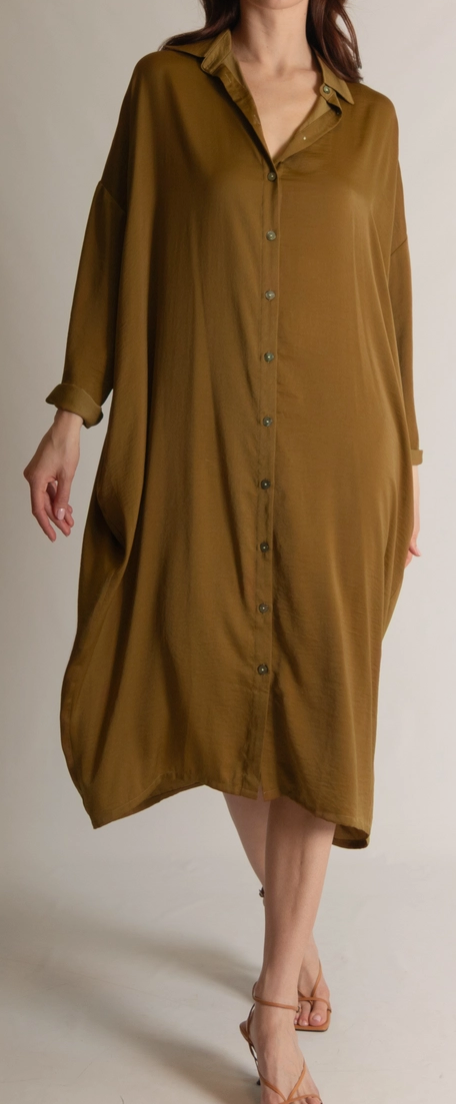 Soft Sheen Satin Oversized Button Up Shirt Dress