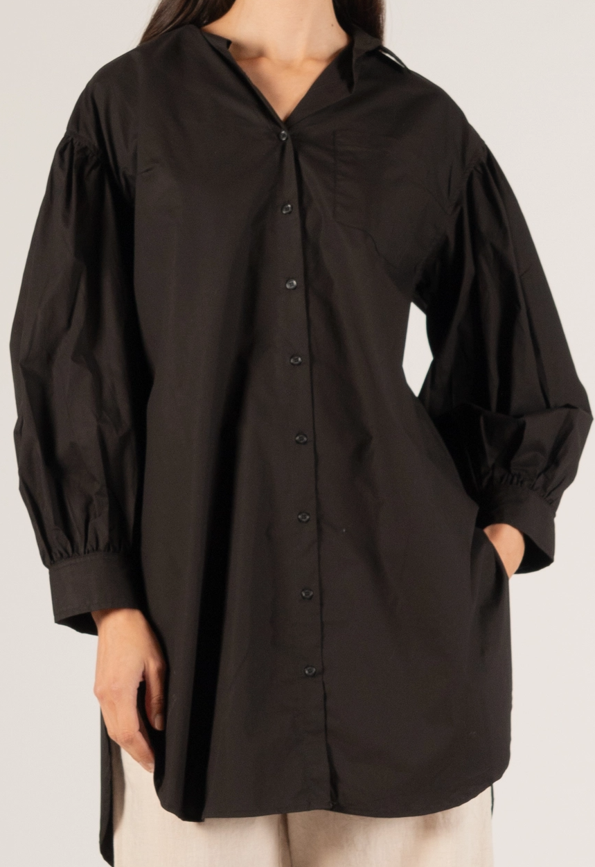 Poplin Balloon Sleeve Button Up Shirt w/ Side Slit