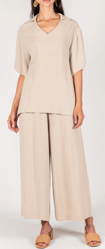 Linen Collared Top and Wide Leg Pant Set