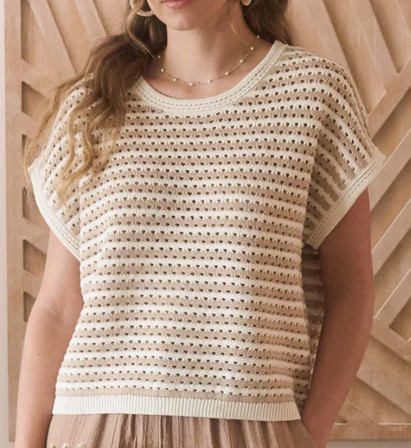 STRIPE CROCHET KNIT BATWING SHORT SLEEVE SWEATER