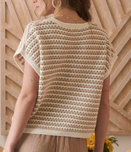 STRIPE CROCHET KNIT BATWING SHORT SLEEVE SWEATER