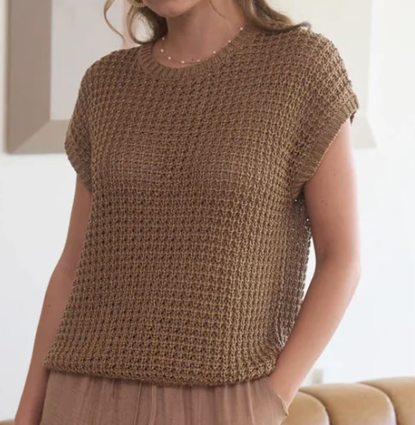 CROCHET KNIT BATWING SHORT SLEEVE SWEATER TOP