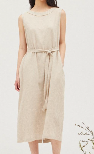 Round Neck Gauze Dress with Tie