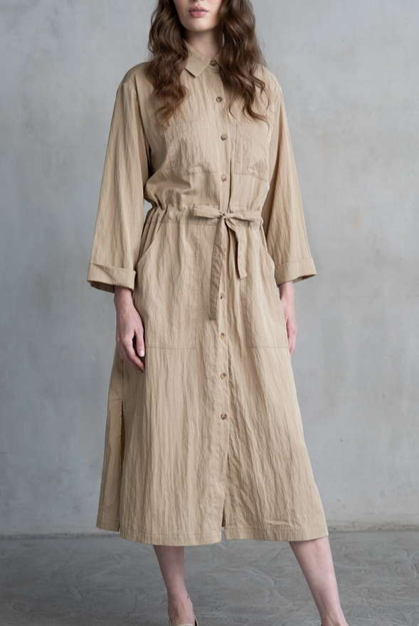 Textured Belted Midi Shirt Dress