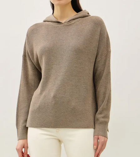Wool Blend Boxy Fit Ribbed Knit Hoodie Sweater