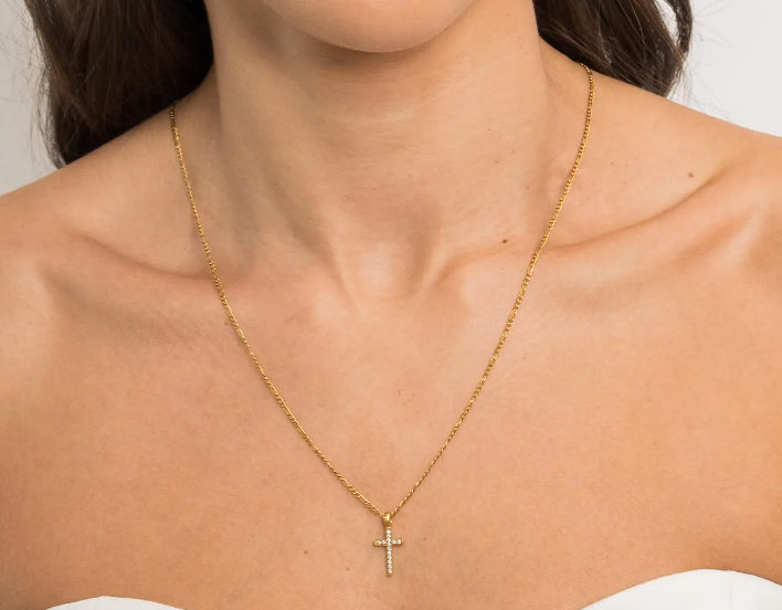 Waterproof Gold Diamond Cross Pendant Necklace
