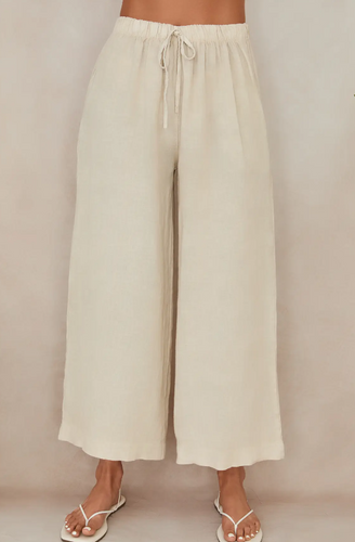 Drawstring Waistband Wide Leg Linen Pants