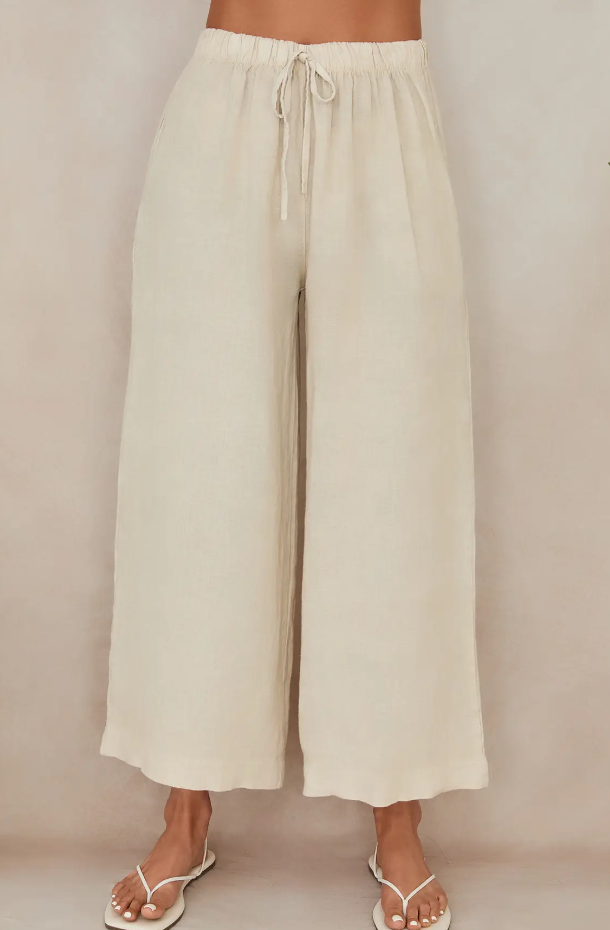 Drawstring Waistband Wide Leg Linen Pants