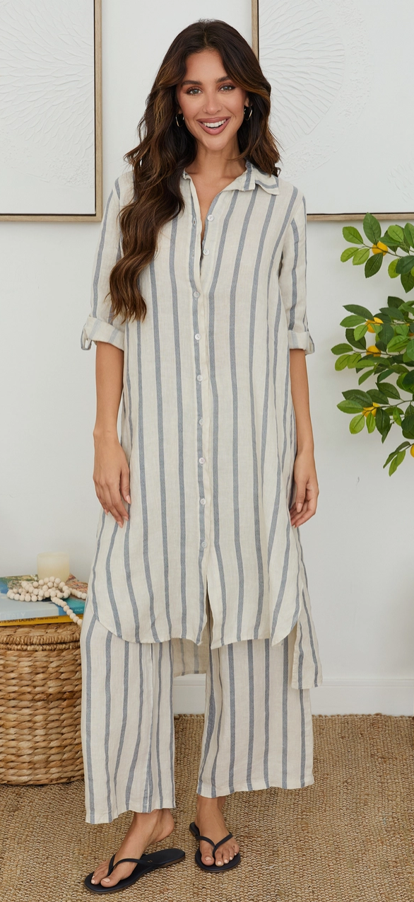 Button Down Striped Rolle-Tab Sleeve Tunic Dress
