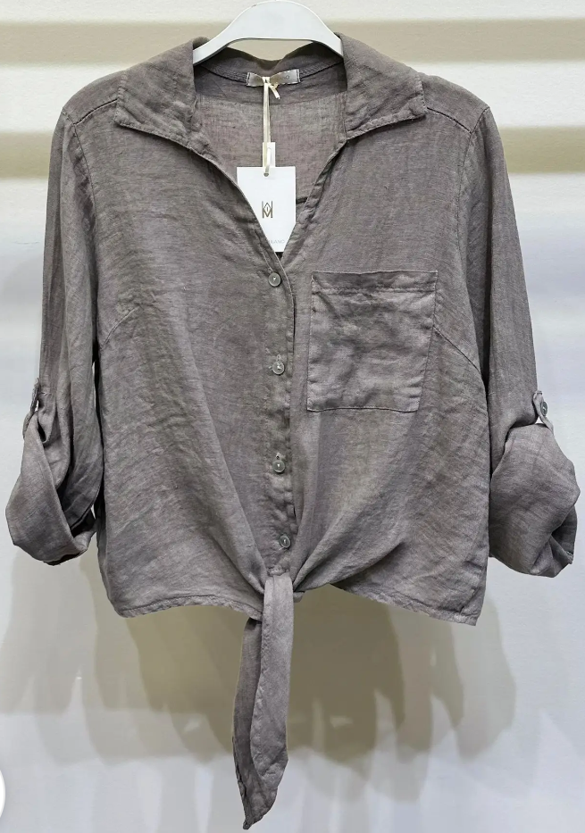 Linen Cropped Tie Front Blouse