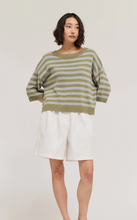 Drop Shoulder Striped Linen-Cotton Knit Top