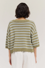 Drop Shoulder Striped Linen-Cotton Knit Top