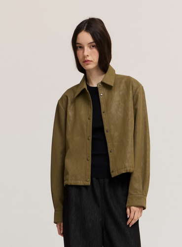 Button Down Snap Button Vegan Leather Jacket