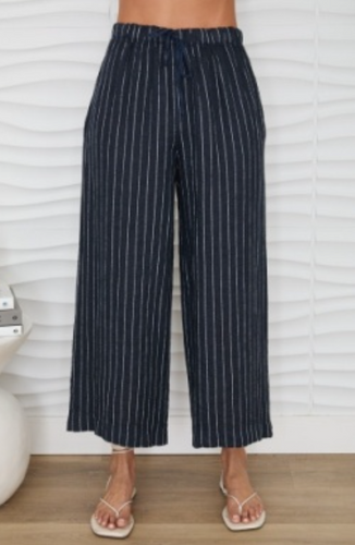 Textured Stripe Drawstring Waistband Wide leg Linen Pant