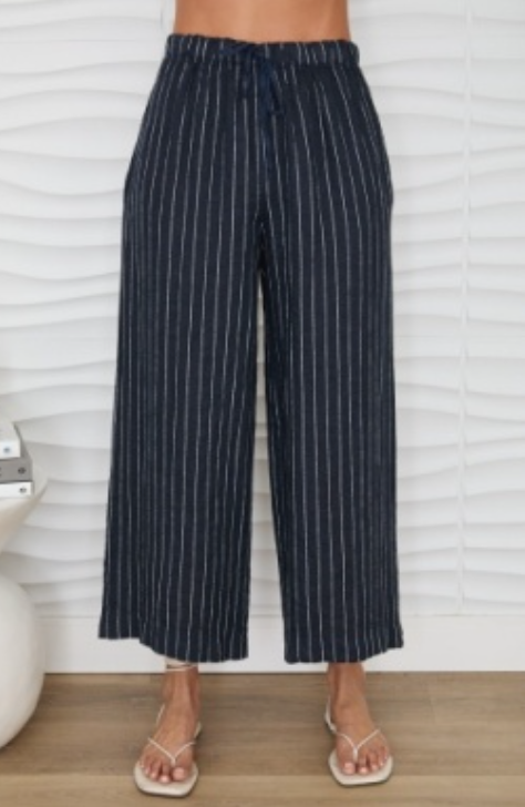 Textured Stripe Drawstring Waistband Wide leg Linen Pant