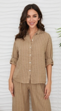 Textured Stripe Linen Button Up Roll-Tab Long Sleeve Shirt