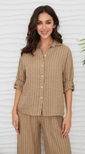 Textured Stripe Linen Button Up Roll-Tab Long Sleeve Shirt