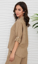 Textured Stripe Linen Button Up Roll-Tab Long Sleeve Shirt