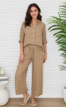 Textured Stripe Linen Button Up Roll-Tab Long Sleeve Shirt