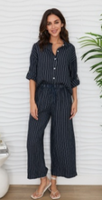 Textured Stripe Linen Button Up Roll-Tab Long Sleeve Shirt