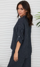 Textured Stripe Linen Button Up Roll-Tab Long Sleeve Shirt