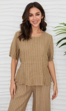 Textured Stripe Linen Scoop Neck Peplum Top