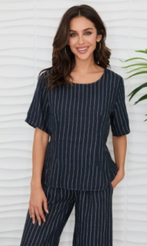 Textured Stripe Linen Scoop Neck Peplum Top