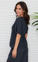 Textured Stripe Linen Scoop Neck Peplum Top
