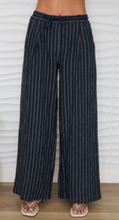 Textured Stripe Linen Wide Leg Pleated Pants with Drawstring