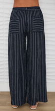 Textured Stripe Linen Wide Leg Pleated Pants with Drawstring