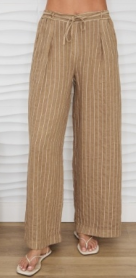 Textured Stripe Linen Wide Leg Pleated Pants with Drawstring