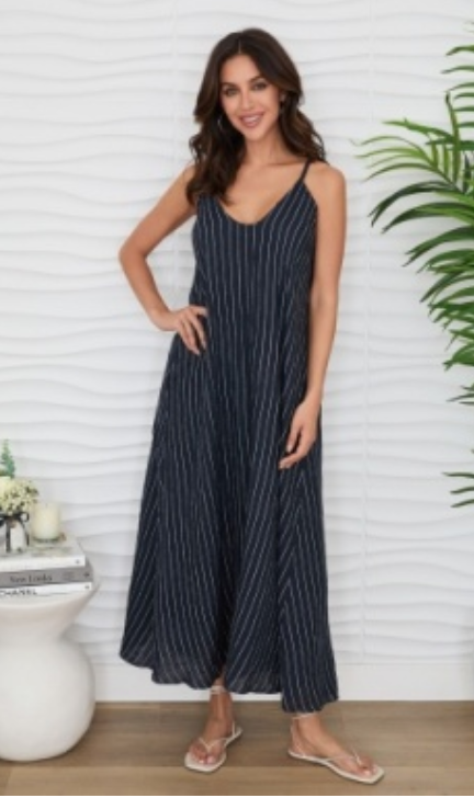 Textured Stripe Spaghetti Maxi DressW/ Pockers