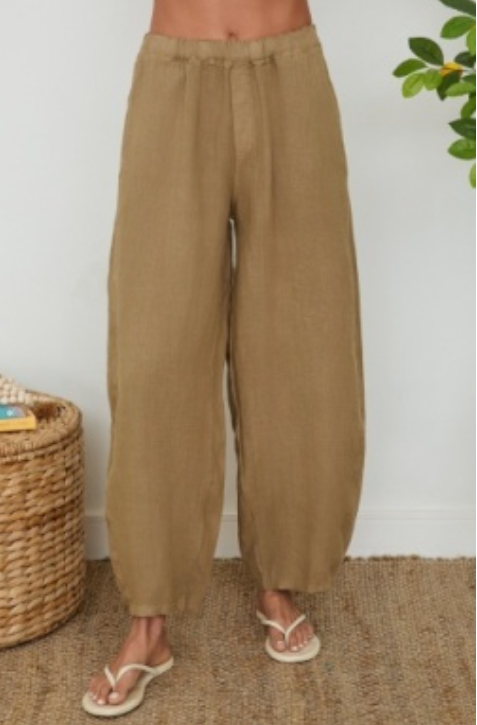 Linen Relaxed Fit Elastic Waistband Pants w/ Pockets