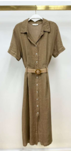 Linen Button-Front Shirt Dress w/ Jute Belt