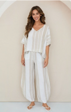Stripe V Neck Linen Dolman Sleeve Crop Top