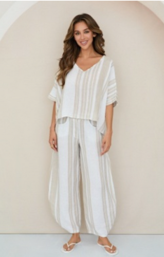 Stripe V Neck Linen Dolman Sleeve Crop Top