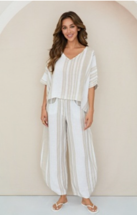 Stripe V Neck Linen Dolman Sleeve Crop Top