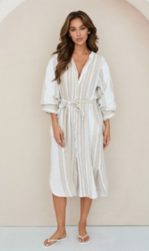 Stripe Bubble Sleeve Linen Dress w/ Tie
