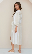 Stripe Bubble Sleeve Linen Dress w/ Tie